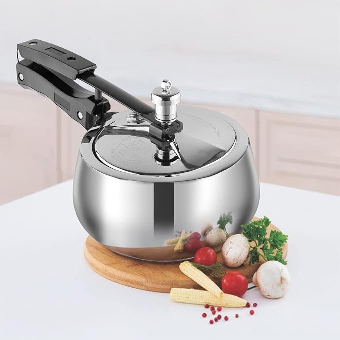 Vinod Europa Stainless Steel Inner Lid Pressure Cooker - 1.5 Litre | Handi Shape | Sandwich Bottom Cooker