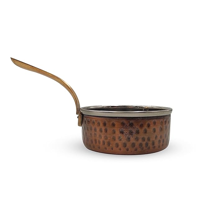 Indian Art Villa Steel Copper Antique Dark Tone Design Sauce Pan with Brass Handle | 600 ml