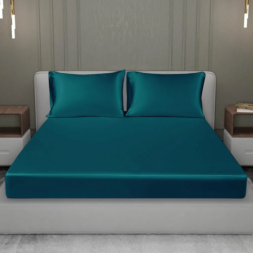 Cloth Fusion Satin Elastic Fitted Bedsheets Double Bed with 2 Pillow Covers Peacock Green