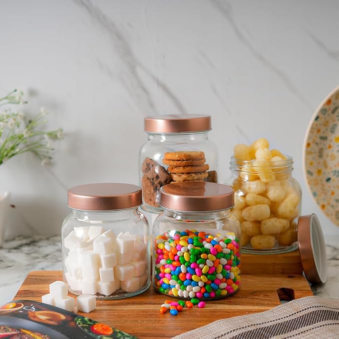 Femora Kitchen Storage Jars Clear Glass Jar With Steel Lid Air Tight Jar | 700 Ml | Pack of 1 | Golden Lid