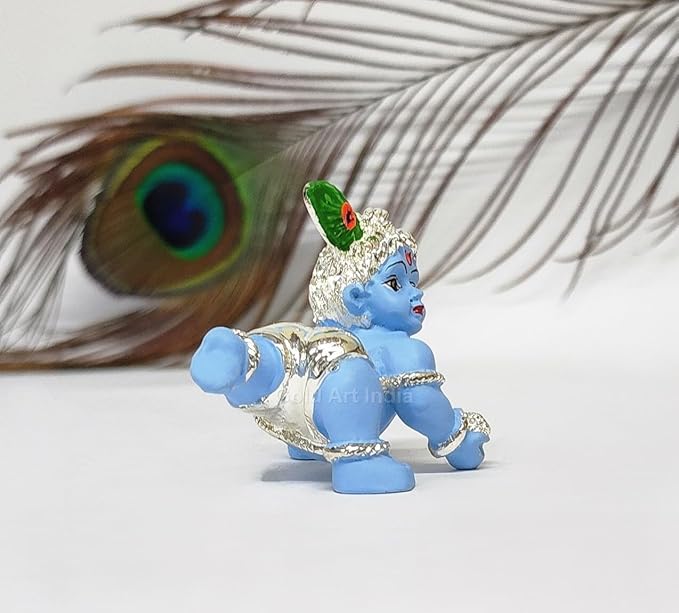 Gold Art India Silver Plated Laddu Gopal Idol with Blue Terracotta Lord Krishna Bal Gopal Office Desk Small