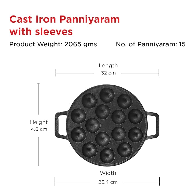 Vinod Legacy Cast Iron Stick Free Paniyarakkal Pan - 15 Cups | 25cm