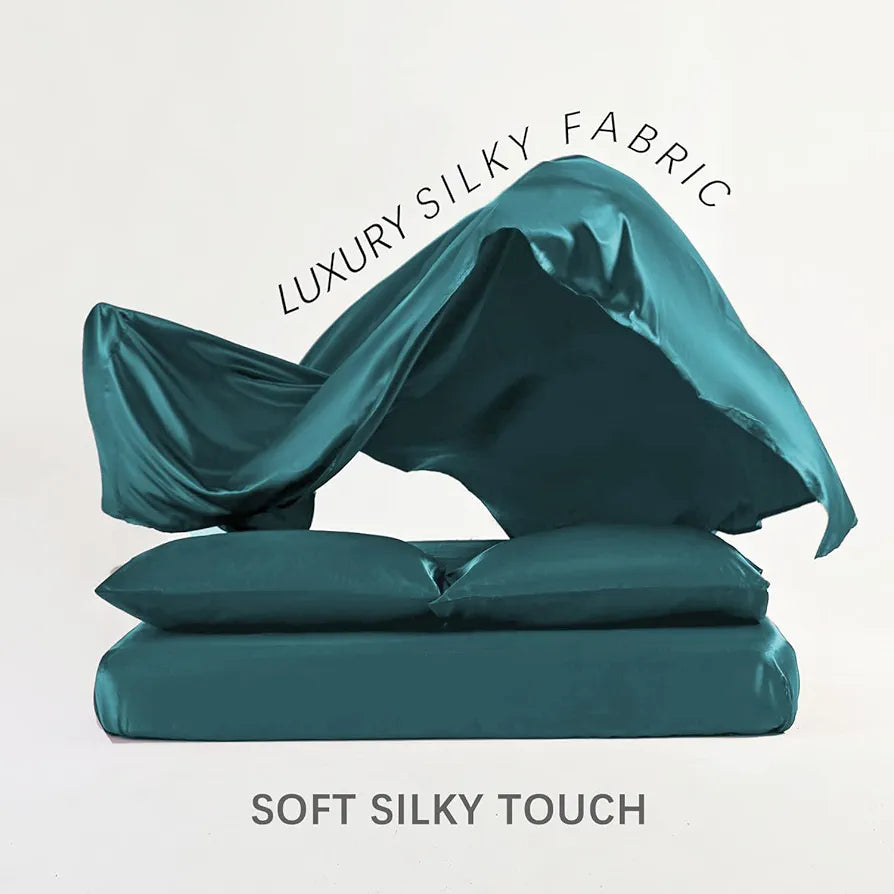 Cloth Fusion Satin Bedsheet for King Size Bed Set of 1 Satin Sheet 2 Pillow Covers Peacock Green