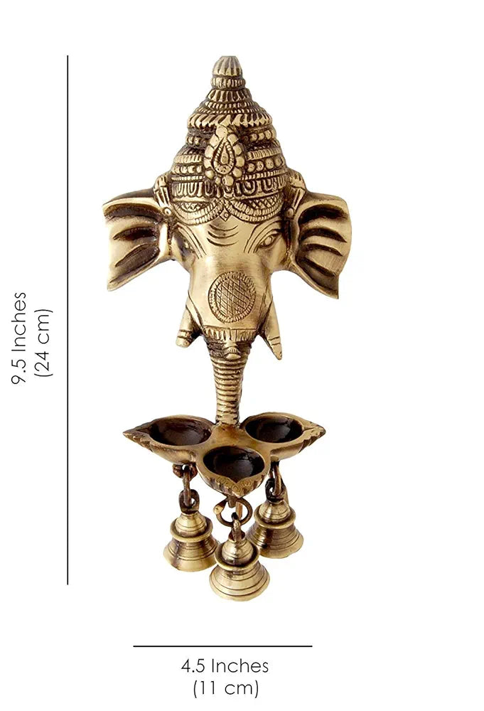 Two Moustaches Brass Ganesha Wall Hanging Diya with Bells