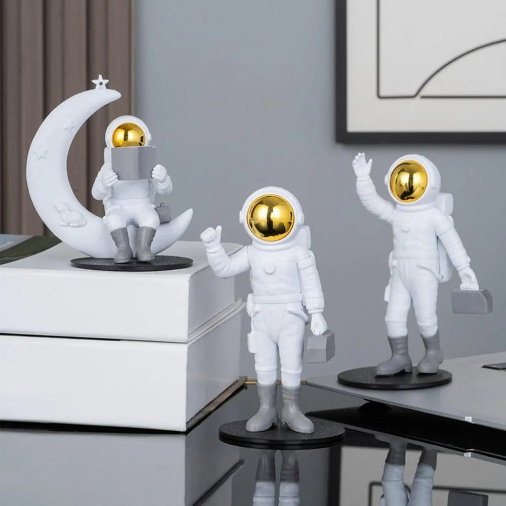 Street27 Resin 3Pcs Astronaut with Moon Figurine Mirror Spaceman Ornament