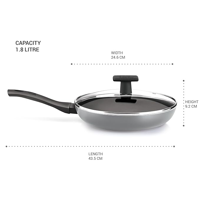 Milton Pro Cook Black Pearl Fry Pan, 24 Cm / 1.8 Litre Frying Pan With Glass Lid - 702 gms