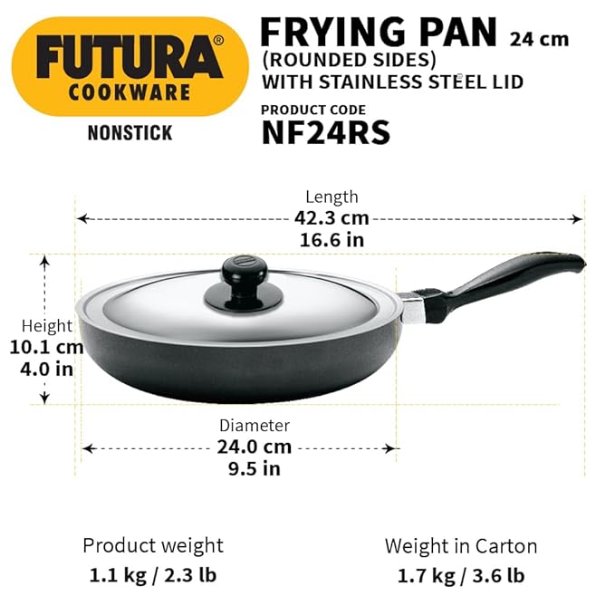 Hawkins Futura 24 cm Frying Pan Non Stick Fry Pan with Stainless Steel Rounded Side Frypan Black