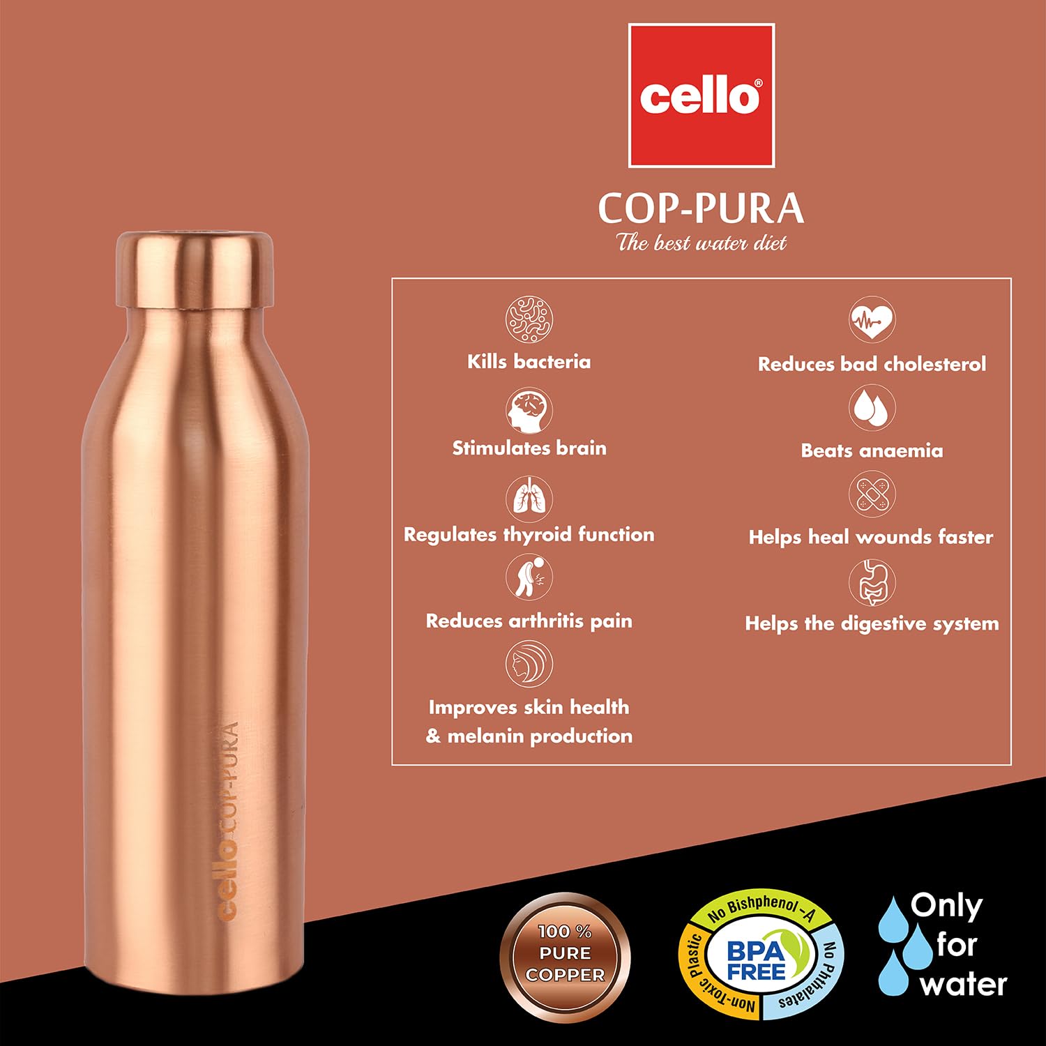 Cello Cop-Pura Moksha Copper Water Bottle | 1000ml