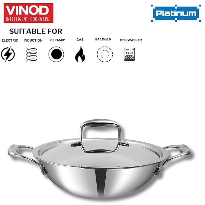 Vinod SAS Pro Platinum Triply Stainless Steel Non Stick Kadhai with Lid - 2.5 Litre, 24 cm | Ceramic Coating | Honeycomb Design Induction Base