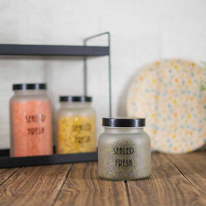 Femora Kitchen Storage Jars Frosted Glass Jar With Steel Lid Air Tight Jar | 1500 Ml | Pack of 6 | Black Lid