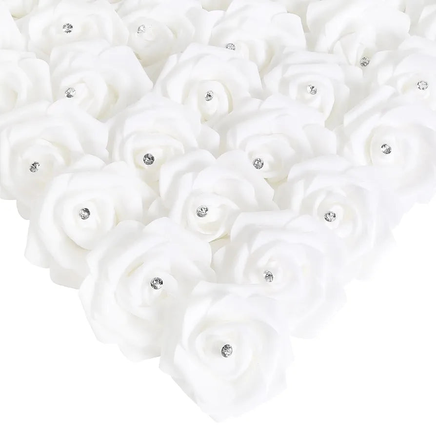 100PCS White Rose Artificial Flower Heads Real Looking Stemless Foam Roses Fake Flowers Bulk with Crystal White with Crystal