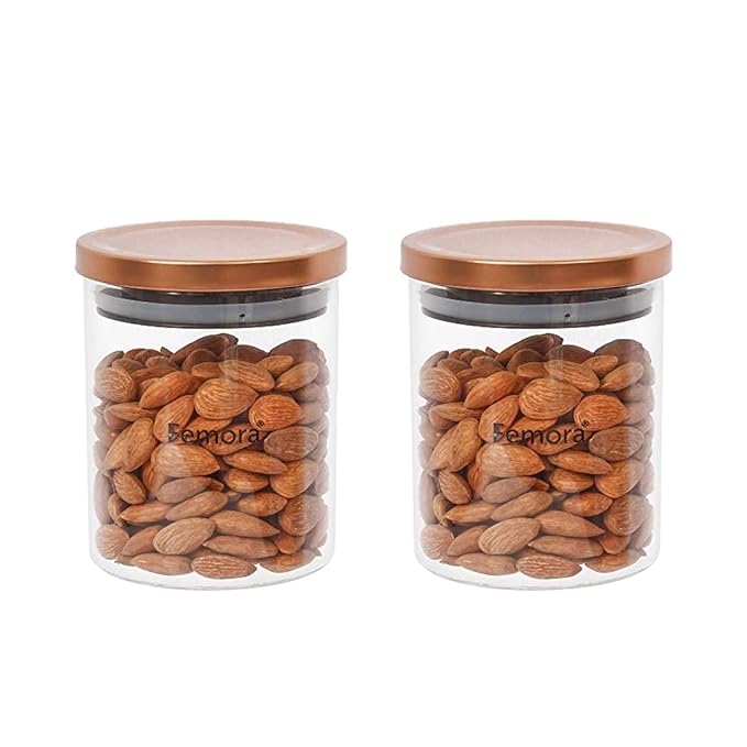 Femora Borosilicate Glass Jar With Golden Metallic Lid | Jars for Kitchen Storage  | 600 Ml | Set of 2