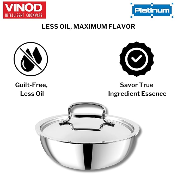 Vinod SAS Pro Platinum Triply Stainless Steel Extra Deep Tasla with Lid - 1.8 Litre | Tri ply Tasla Kadai with Induction Base