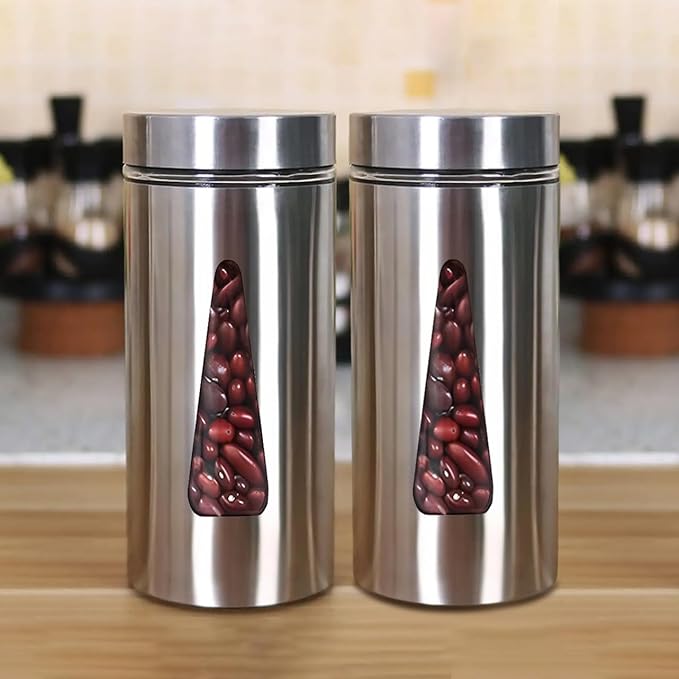 Femora Kitchen Storage Jars Steel Finish With See Through Window Jar | 1300 Ml | Pack of 2