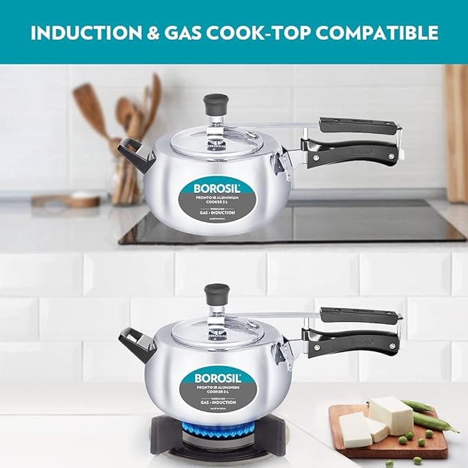 Borosil Pronto Induction Base Inner Lid Aluminium Pressure Cooker | 3.6 Mm Thick Base | 5 Litres | Silver