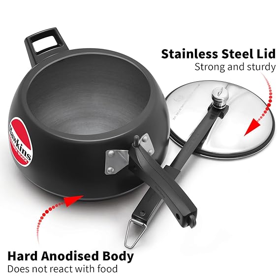 Hawkins 4 Litre Contura Black Pressure Cooker Hard Anodised Inner Lid Cooker Handi Cooker Black