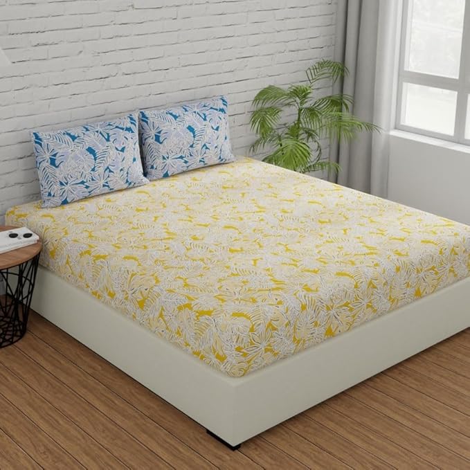 Huesland by Ahmedabad Cotton 144 TC King Size Bedsheet Cotton with 2 Pillow Covers | Yellow & Blue