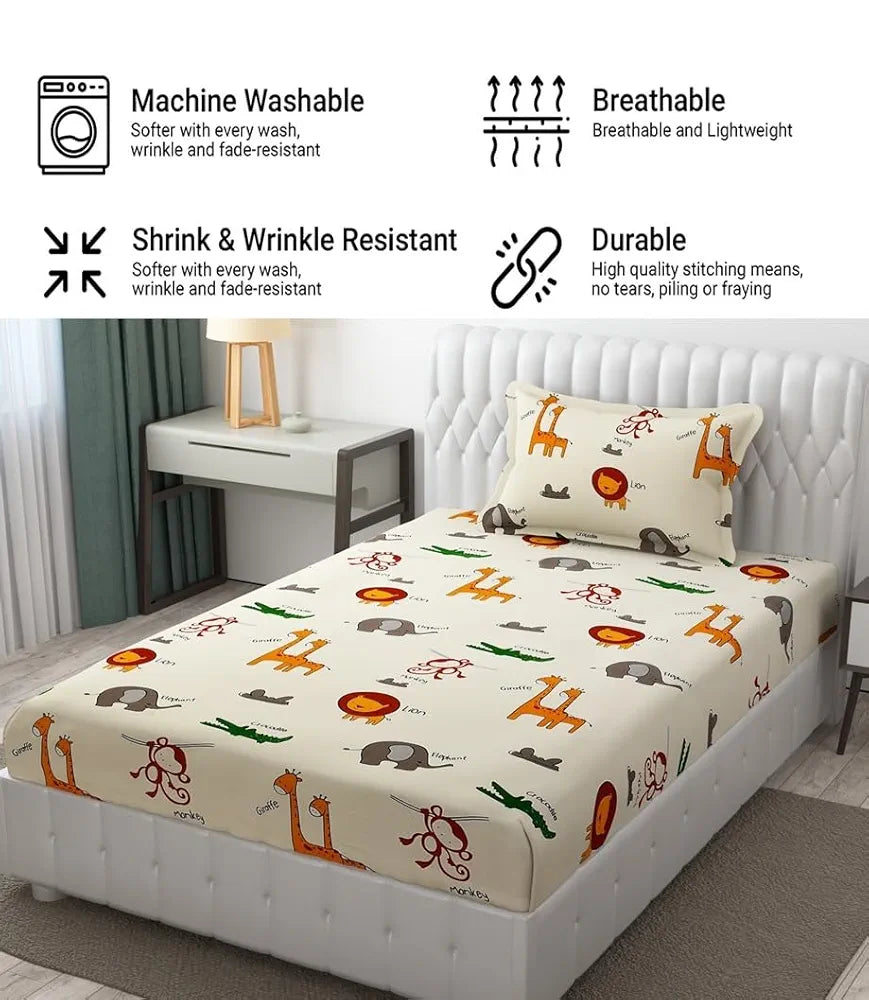 Fresh From Loom Glace Cotton Wrinkle Free Soft Hypoallergenic Bed Sheet Cartoon Printed Single Bedsheet Bedsheet with 1 Pillow Cover 144 TC Multi-Color 2