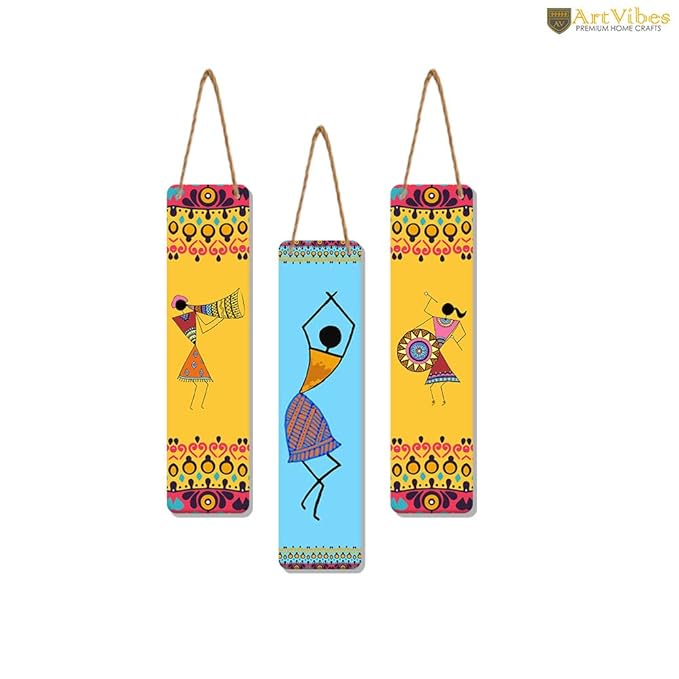 Artvibes African Warli Art Designer Wooden Wall Hanging Decoration Items for Home | Set of 3