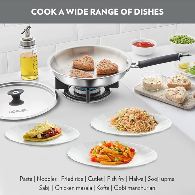 Borosil Cookfresh Tri-ply Stainless Fry Pan With Lid | Induction Friendly | 1.9 Litres | 24 Cm