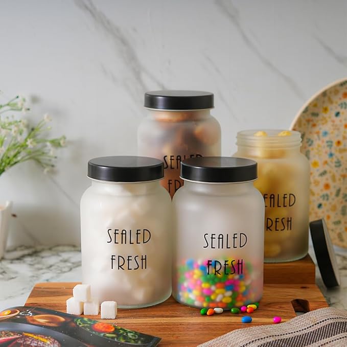 Femora Kitchen Storage Jars Frosted Glass Jar With Steel Lid Air Tight Jar | 1000 Ml | Pack of 2 | Black Lid