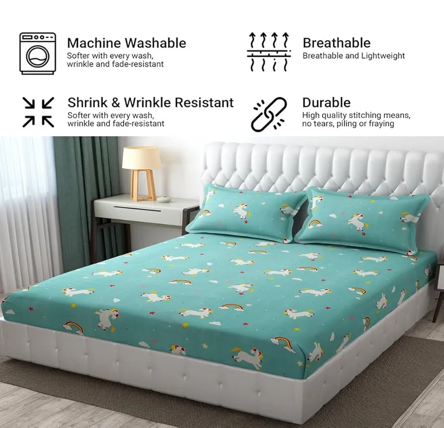Fresh From Loom Cartoon Wrinkle Free Microfiber Bedsheet for Kids Multicolor 144 TC Teal