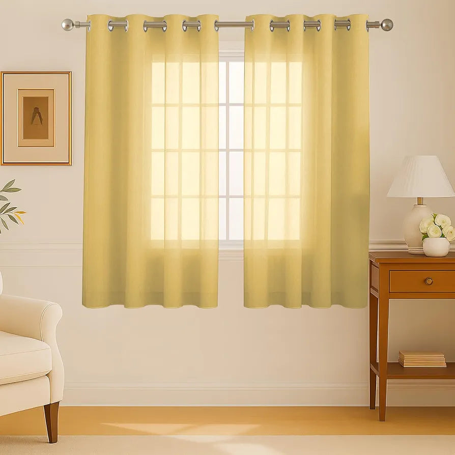 Cloth Fusion Plain Cotton Feel Sheer Window Curtains 5 Feet Long Set of 2 Semi-Transparent Lemon
