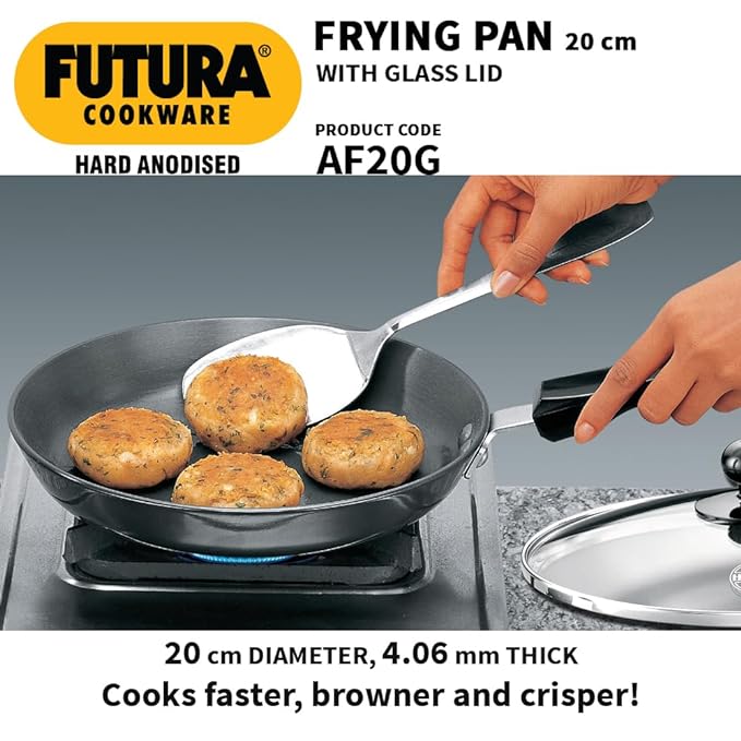 Hawkins Futura 22 cm Frying Pan Hard Anodised Fry Pan with Glass Lid Black