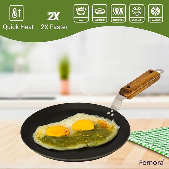 Femora Iron Concave Tawa 12 Inch | 30 Cm | Tava for Roti With Strong Wooden Handle Black | Gas Stovetop Compatible