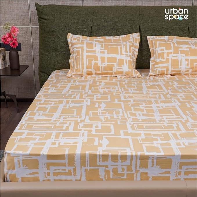 Urban Space Serene Bedsheet for Double Bed 2 Pillow Covers (Colour Checkers Soft Brown)