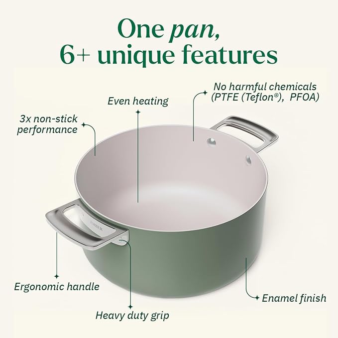Ember Cookware Arcilla Ceramic Non Stick Dutch Oven 24cm | Metallic Lid | Stainless Steel Handles | Non Toxic Biryani Pot | Green