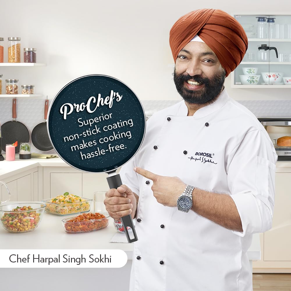 Borosil Prochef Non-stick Aluminum Flat Tawa 30 Cm | Gas Stove Compatible | Thick Uniform Body for Even Heating, Dishwasher Safe | 5 Layer Nonstick Coating