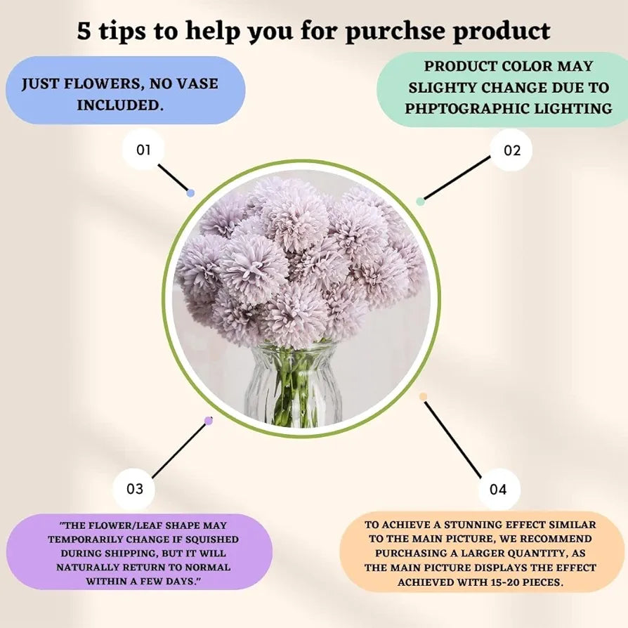 Artificial Chrysanthemum Ball Flowers Fabric Sticks Bouquet Silver Mauve