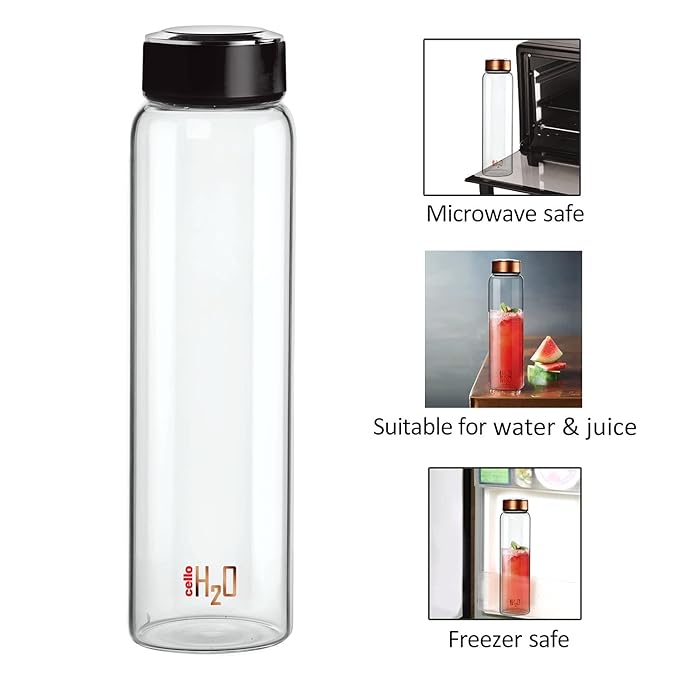 Cello H2o Borosilicate Glass Water Bottle | 1000ml | Black