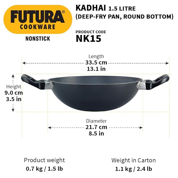Hawkins Futura 1.5 Litre Deep Fry Pan Non Stick Kadai Round Bottom Kadhai