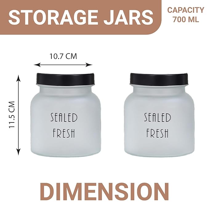 Femora Kitchen Storage Jars Frosted Glass Jar With Steel Lid Air Tight Jar| 700 Ml | Pack of 6 | Black Lid