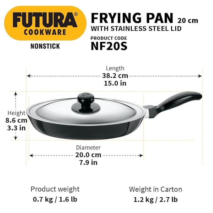 Hawkins Futura 20 cm Frying Pan Non Stick Fry Pan with Stainless Steel Lid Black