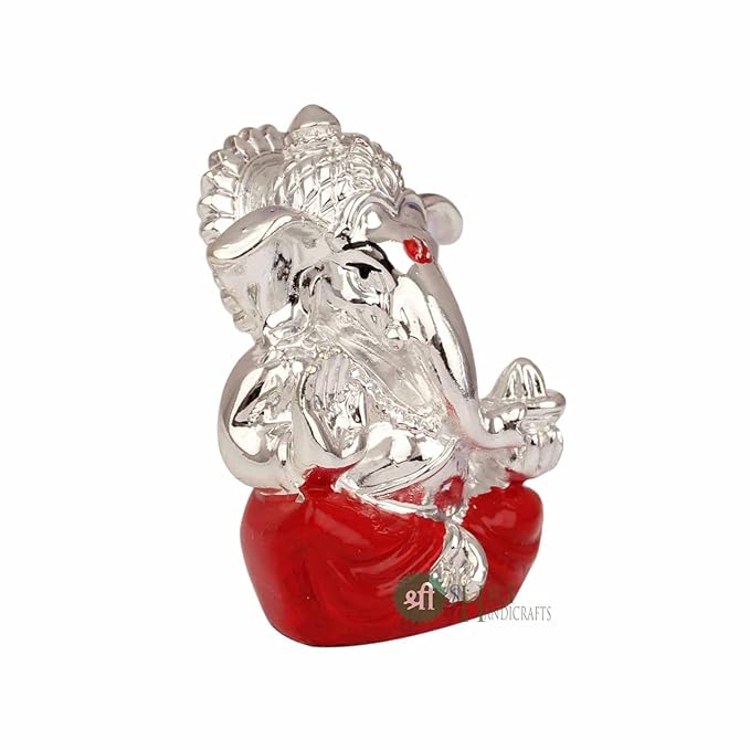Indicast Hand Carved Silver Plated God Ganesha Resin Idol Sculpture Statue Murti for Office & and Home Decor & Gifts | Red