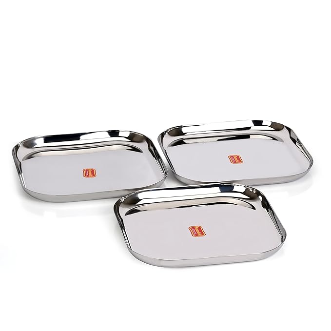 Sumeet Stainless Steel Big Square Shape Plate Set of 3pcs 28cm Silver