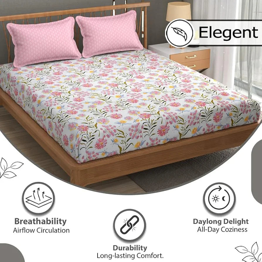 Fresh From Loom Floral XXL Microfiber Soft Cotton Bedsheet 240 TC King Size Bed Cover with 2 Pillow Cover Pink White