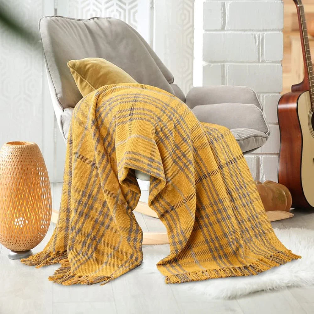 Sashaa World Soft Check Throw Blanket Colour Mustard