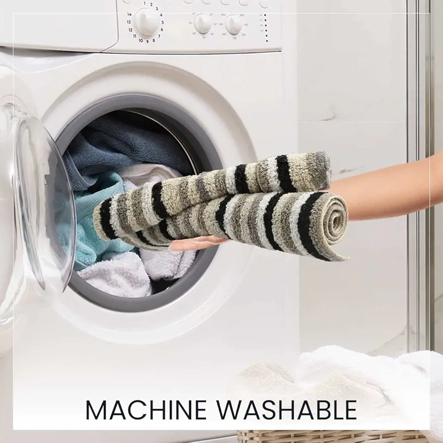 Sashaa World Striped Anti-skid Bathmat & Contour Set Colour Black White & Grey