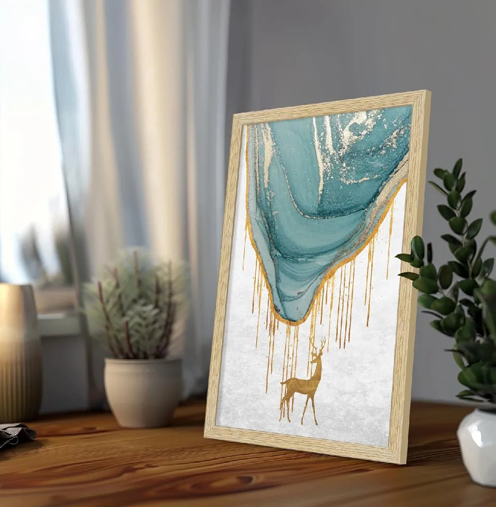 ArtX Paper Golden Deer Paintings with Frame Set of 3