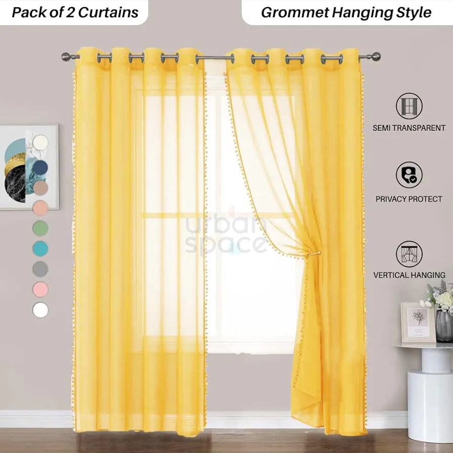 Urban Space Linen Textured Sheer Curtain for Door Room Darkening, Decorative Curtain with Tieback, Eyelets Hanging Style, Set of 2 Curtains Yellow with pom pom