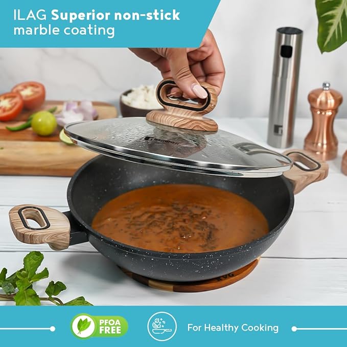 Bergner Ultimate Forged Nonstick 24 Cm Kadai With Glass Lid | 2 L Capacity