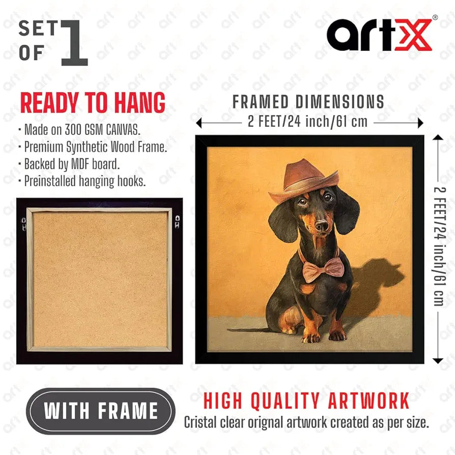 ArtX Black Dog Oil Paint Big Canvas Painting For Bedroom and Living Room With Frame