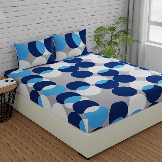Huesland by Ahmedabad Cotton 144 TC Cotton Bedsheets for King Size Bed with 2 Pillow Covers | Bubble Drop | Blue & Grey