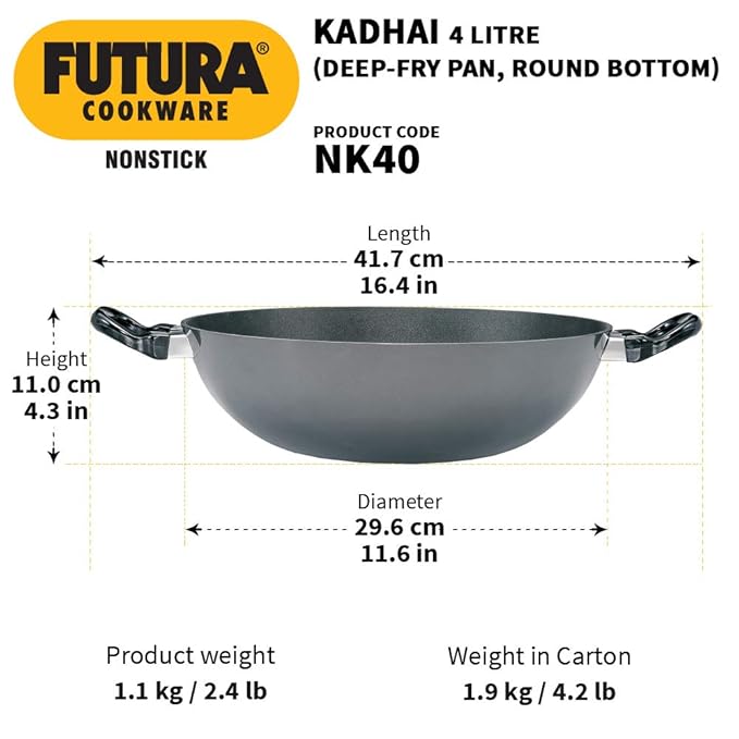 Hawkins Futura 4 Litre Deep Fry Pan Non Stick Kadai Round Bottom Kadhai