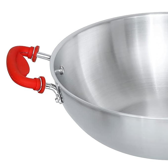 Femora Stainless Steel Zero Non-stick Coating Healthy Cooking Tri-ply Deep Frying Kadhai Pan With Silicone Handle | Silver | 26 Cm Capacity 3.2 Litres