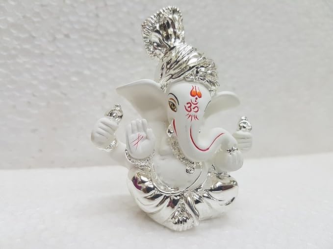 Gold Art India Ceramic Pagdi Ganesh Idol For Car Dashboard Small Ganesha Murti For Home Decor